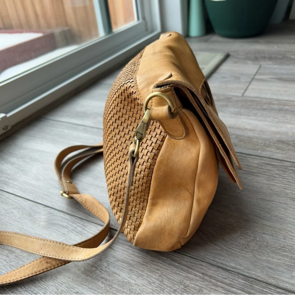 Milo Genuine Tan Leather Braided Leather Foldover Crossbody Bag - Picture 5 of 16